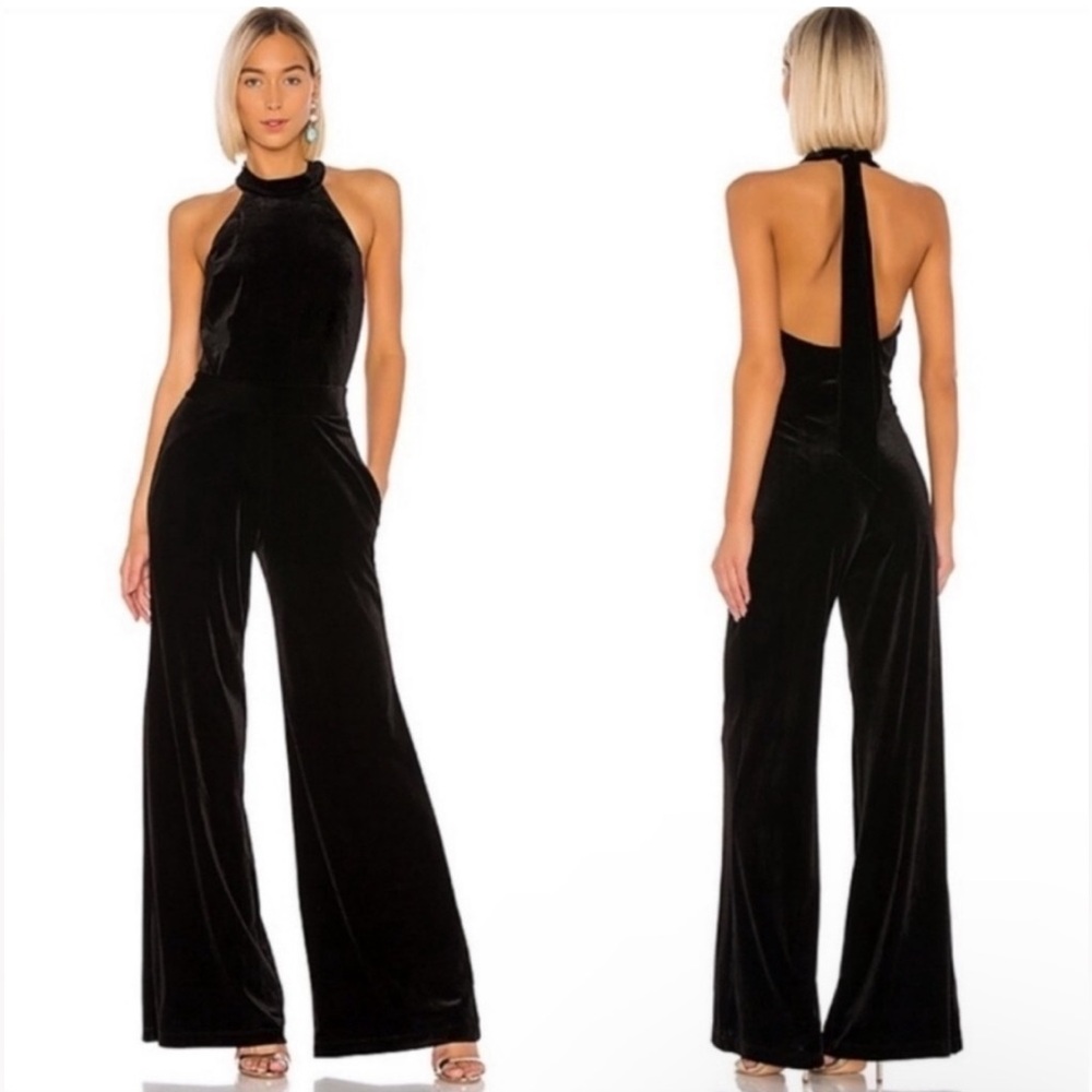 MISA Los Angeles Sandra. Black Hammered Satin Wide Leg Halter jumpsuit